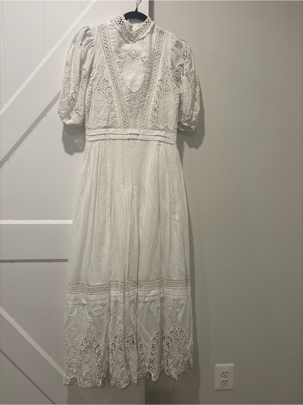 Anthropologie White Lace Maxi Dress with Puff Sleeves